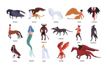 Collection Of Various Magical Mythical Creatures Isolated On White Background. Bundle Of Flat Cartoon Characters And Heroes Of Fairy Tales, Fantasy Legends, Mythology. Colorful Vector Illustration.
