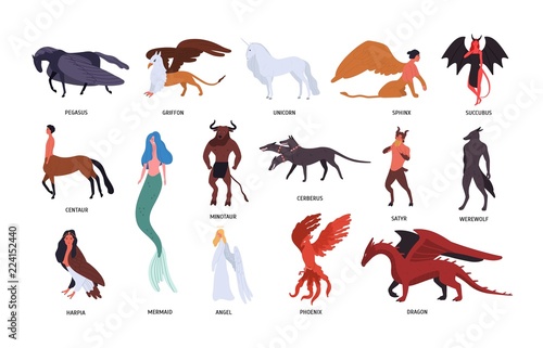 Photographie Collection of various magical mythical creatures isolated on white background