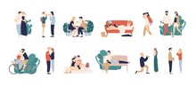 Bundle Of Scenes With Adorable Romantic Couple. Man And Woman Kissing, Hugging, Riding Bicycle, Walking, Eating, Drinking Cocktail, Lying On Sofa. Colorful Vector Illustration In Flat Cartoon Style.