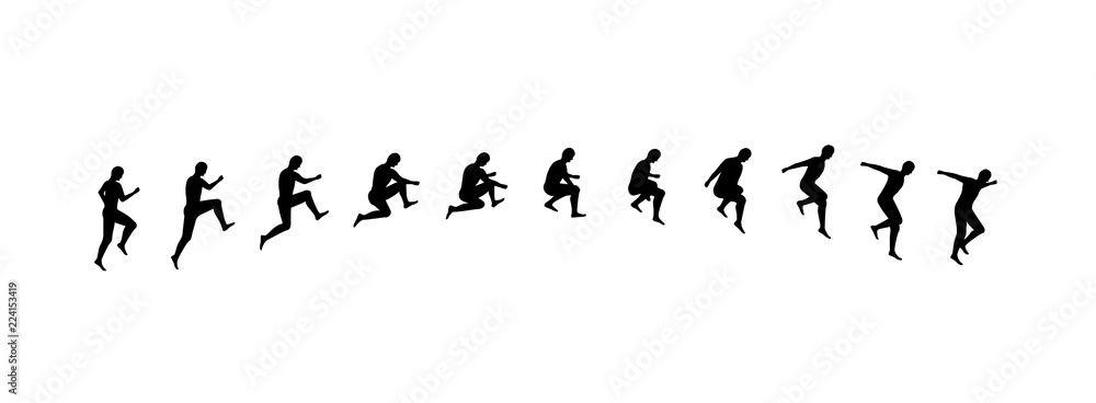 Man running and jumping sequence vector illustration frames collection. Sport animation shapes - obrazy, fototapety, plakaty 