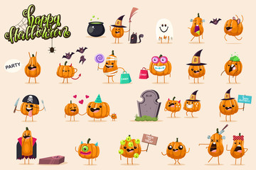 Halloween funny pumpkin character set. Vector cartoon illustration of a witch, pirate, zombie, monster, mummy, ghost and vampire isolated on background.