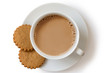 A cup of tea with milk and two gingerbread biscuits isolated on white from above. White ceramic cup and saucer.