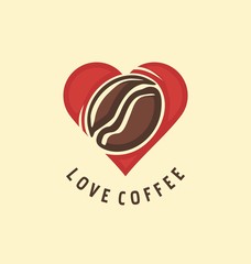 Love coffee creative vector image design. Logo design idea for coffee shop or cafe bar. Creative symbol. Minimalist unique icon with heart shape and coffee bean in negative space. 