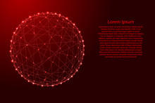 Wireframe D Sphere From Futuristic Polygonal Red Lines And Glowing Stars For Banner, Poster, Greeting Card. Vector Illustration.