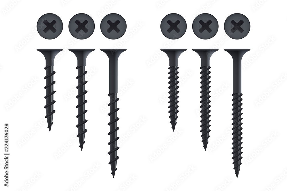 Set of self-tapping screws for wood and metal, isolated on white - obrazy, fototapety, plakaty 