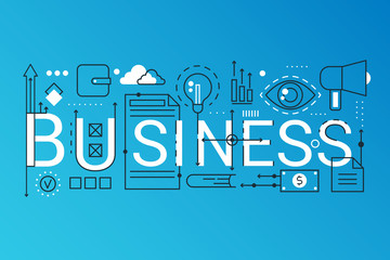 Poster - Business 2019 word trendy composition concept banner. Outline stroke finance, money, strategy, planning. Flat line icons lettering typography on trendy gradient background.