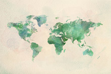 Watercolor Vintage World Map In Green Colors