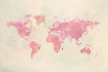 Watercolor Vintage World Map In Pink Colors