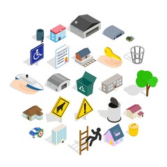 City buildings icons set. Isometric set of 25 city buildings vector icons for web isolated on white background