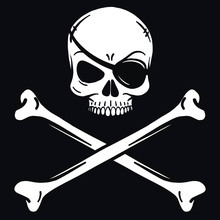 Bad Skull Skull With Eye Patch And Crossbones. Black White On Pirate Flag. Vector Logo Template. Bad Skull Vector. Dark T-shirt Design. Pirate Icon On Black Background