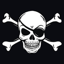 Bad Skull Skull With Eye Patch And Crossbones. Black White On Pirate Flag. Vector Logo Template. Bad Skull Vector. Dark T-shirt Design. Pirate Icon On Black Background