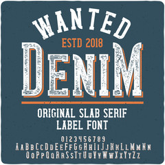 Wall Mural - Vintage label font name Wanted Denim. Strong slab serif typeface for labels, logo, t-shirts, posters etc.