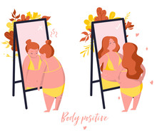 Comparison. Girl Who Does Not Like The Reflection In The Mirror And  Girl Who Loves Herself. Body Positive Illustration
