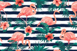 Beautiful Flamingo Bird Tropical Flowers Background. Seamless pattern vector.
