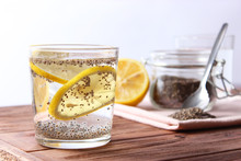 Water With Chia Seeds And Lemon In A Glass. Super Food, Proper Nutrition, Healthy Supplements