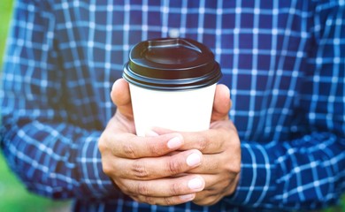 Wall Mural - Close up male hand holding coffee paper cup.