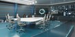 Command center interior, 3D rendering, futuristic conference room