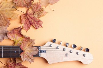 electric guitar neck with autumn maple leaves and copy space on yellow background.