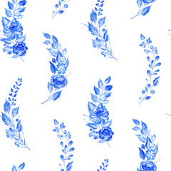 Seamless pattern.Watercolor blue flowers in gzhel style.Floral background.