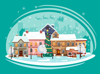 Landscape of the city decorated for a happy Christmas holiday. Vector illustration.