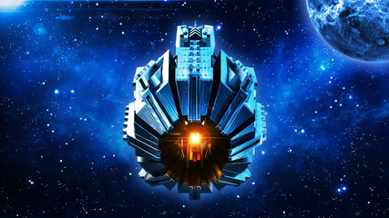 Wall Mural - alien mothership, spaceship in deep space, ufo spacecraft flying in the universe with planet and sta