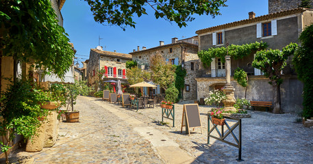 picturesque central square of aigueze occitanie france on a sunny day