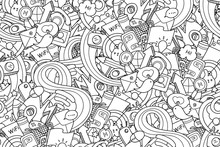 Doodles Social Media Seamless Pattern. Technology Objects With Doodle Wave For Coloring And Design. Easy To Change Colors. Vector Illustration.