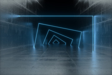 Wall Mural - futuristic sci-fi abstract blue neon light shapes on black background and reflective concrete with e