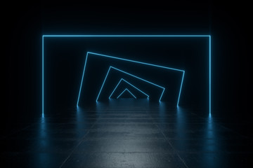 Wall Mural - futuristic sci-fi abstract blue neon light shapes on black background and reflective concrete with e