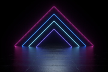 Wall Mural - futuristic sci-fi abstract blue and purple neon light shapes on black background and reflective conc