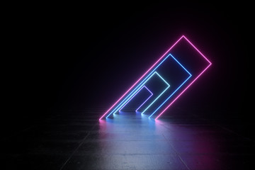 Wall Mural - futuristic sci-fi abstract blue and purple neon light shapes on black background and reflective conc