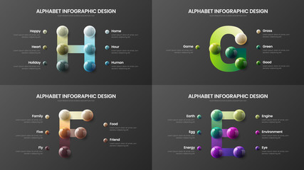 Amazing vector alphabet infographic 3D realistic colorful balls presentation bundle. Creative bright multicolor character design illustration layout. Modern art symbol visualization template set.