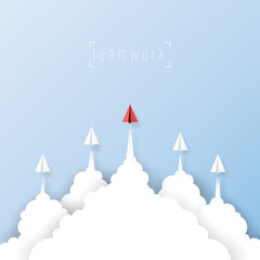 Wall Mural - paper airplanes flying from clouds on blue sky.paper art style of business leadership and teamwork c