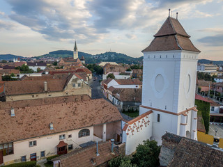 Aerial panorama of medieval Saxon Medias in Transylvania Romania with city walls, church and towers