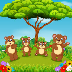 Poster - the beautiful view with the group of brown bear playing together 
