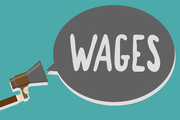 Wall Mural - Conceptual hand writing showing Wages. Business photo text fixed regular payment earned for work or services paid on daily Man holding megaphone loudspeaker speech bubble message speaking