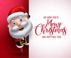 Wall Mural - Santa claus vector character showing white board with merry christmas greeting. Christmas background template with space for text vector illustration.
