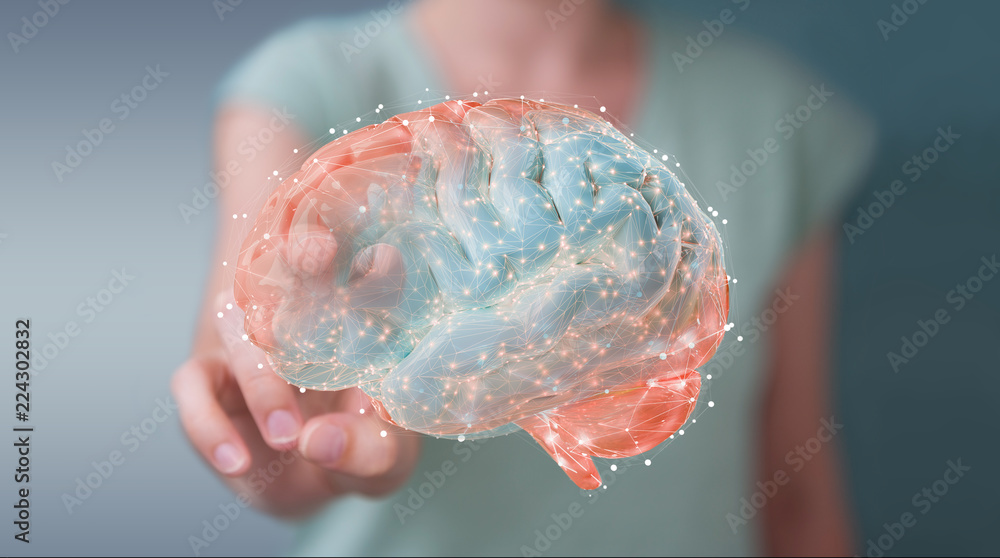 Businesswoman using digital 3D projection of a human brain 3D rendering - obrazy, fototapety, plakaty 