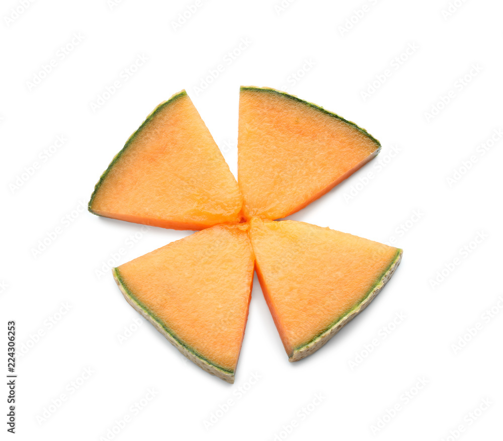 Slices of ripe melon on white background