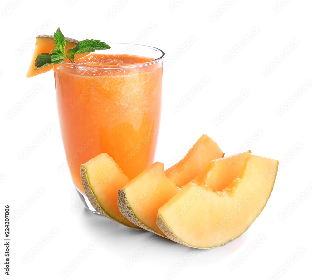 Glass of fresh melon smoothie on white background