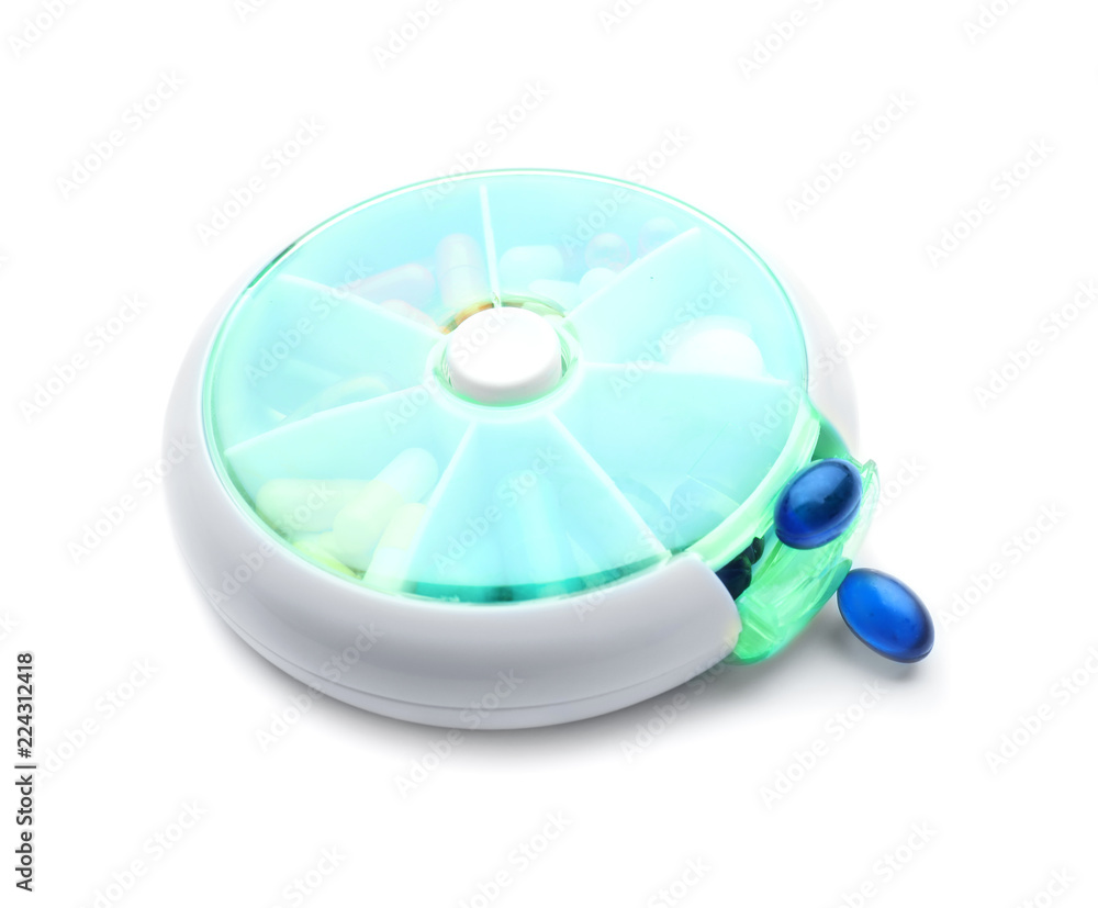 Plastic container with pills on white background