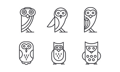 Canvas Print - Vector set of 6 different owl. Forest bird. Simple linear icons. Elements for business card, t-shirt print or logo