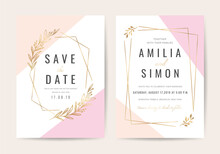 Wedding Invitation Cards With Marble Texture Background And Gold Geometric  Line Design Vector.