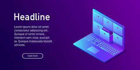 Isometric concept of database, landing page.
