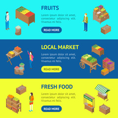 Wall Mural - Farm Local Market Banner Horizontal Set 3d Isometric View. Vector