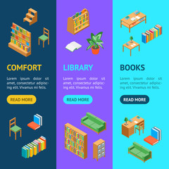 Sticker - Furniture for Library 3d Banner Vecrtical Set Isometric View. Vector