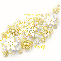 Wall Mural - vector merry christmas and happy new year greeting card design with 3d white and gold layered paper 