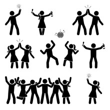 Stick Figure Celebrating People Icon Set. Happy Men And Women Dancing, Jumping, Hands Up Pictogram