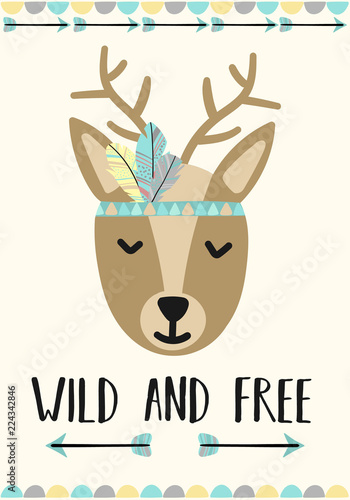 Foto-Schiebegardine Komplettsystem - Vector image of a deer in the style of Boho. A cartoon hand-drawn illustration of animals with the inscription Wild and free for use as a print for children, on Baby Shower, banner, postcard, poster. (von Anton)