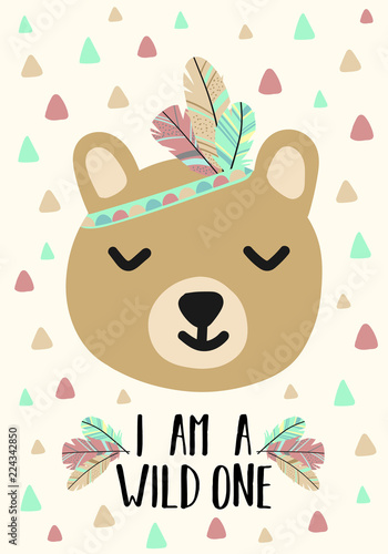 Foto-Schiebegardine Komplettsystem - Vector image of a cute bear in the style of Boho. Cartoon illustration of animals decorated with feathers, triangles for use as print for children, on Baby Shower, banner, postcard, poster. (von Anton)
